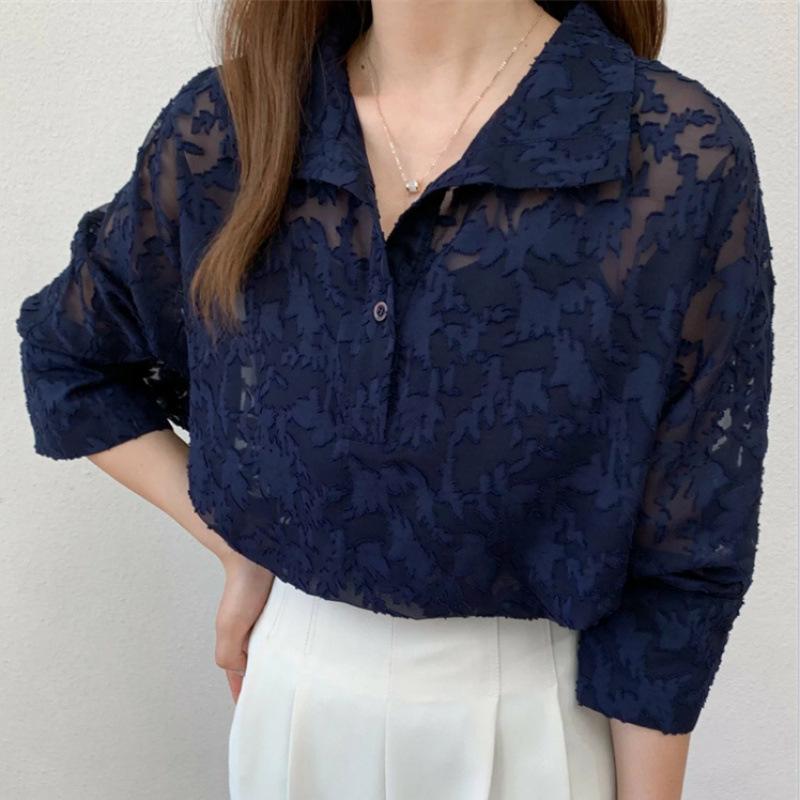 ブラウス レディース 春夏 レース 切り替え POLO襟 長袖 ゆったり 接触冷感 UVカット 日焼け対策 冷房対策 重ね着 トップス ポリエステル オーガニックコットン 黒 白 紺