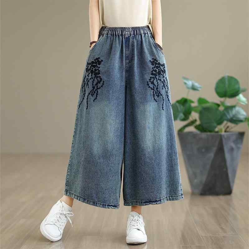 デニムパンツ レディース カジュアル 快適 リラックス ウォッシュ加工 刺繍 ストレート 9分丈 クロップド ジーンズ 女性用 綿混 春夏