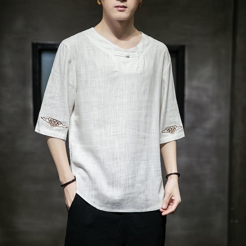 Tシャツ メンズ 半袖 Vネック ゆったり 薄手 軽量 麻 リネン 綿麻 コットンリネン レトロ 刺繍 チャイナ風 無地 普段使い カジュアル 夏 イージーケア