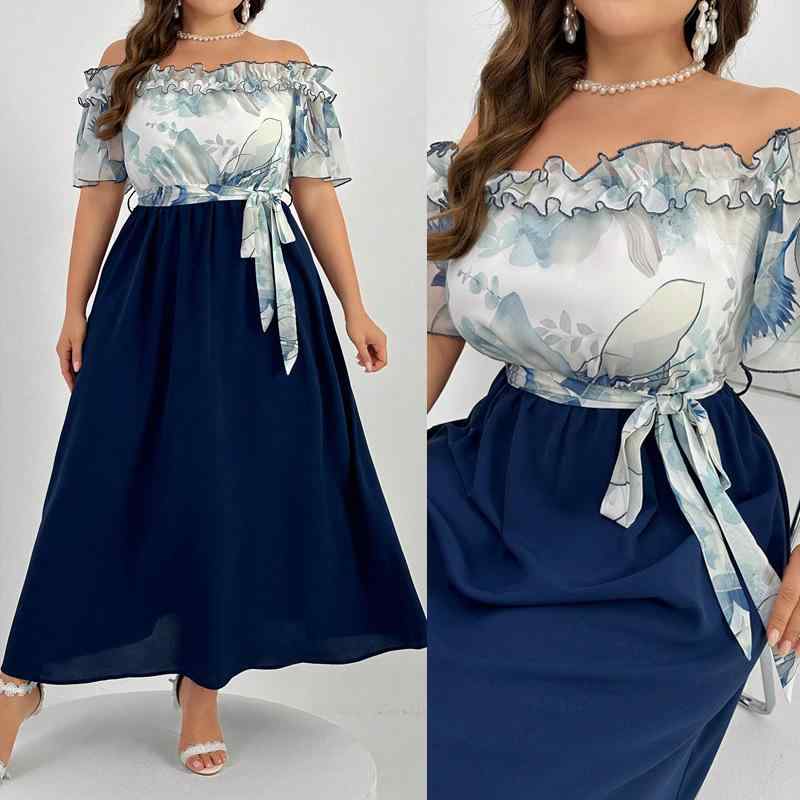 ワンピース レディース 女性用 大きいサイズ 体型カバー オフショルダー リーフ柄プリント 切り替え 上品 エレガント 通勤 オフィス カジュアル Aライン 5分袖 春夏 ポリエステル ネイビー