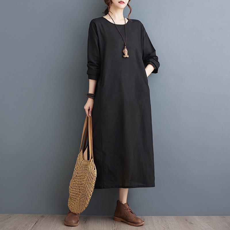 ワンピース レディース 春夏 レトロチャイナ風 禅風 刺繍 麻 天然素材 ゆったり 体型カバー ロング丈 クルーネック 長袖 ポケット エレガント きれいめ 通勤 ブラック スモークグレー