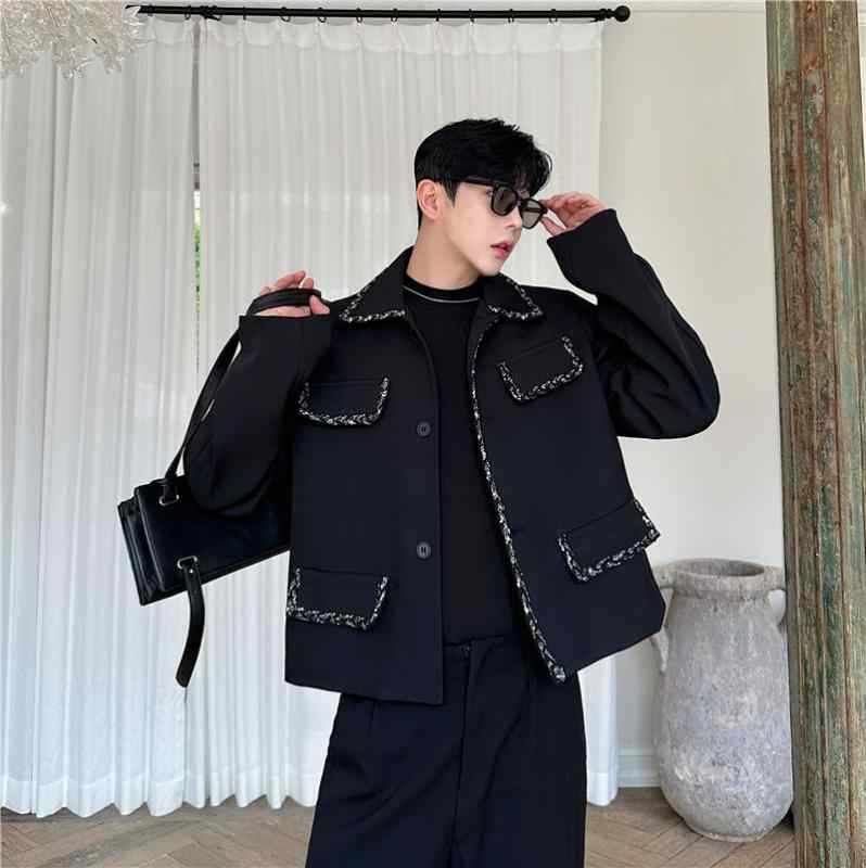 ジャケット メンズ フレンチレトロ ユニセックスデザイン 織りテープ フリンジ 切りっぱなし マルチポケット ショート丈 シングルブレスト 切り替え ゆったり ラペルカラー 長袖 春秋 カジュアル 黒
