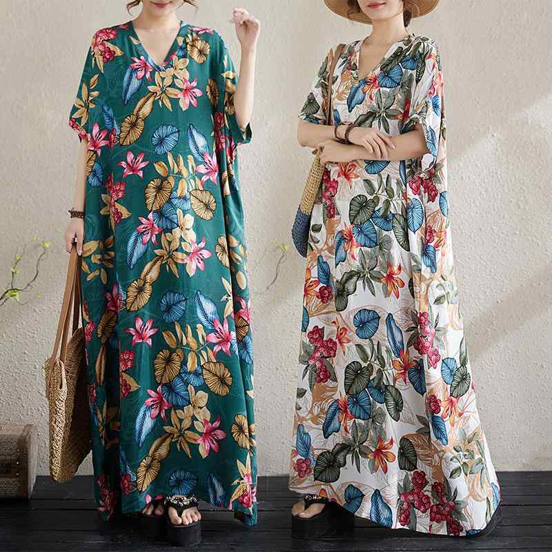 ワンピース レディース 大きいサイズ ゆったり ナチュラル Vネック ロング丈 綿麻 花柄 プリント 切り替え フリル袖 五分袖 リゾート ビーチ バカンス 夏 体型カバー