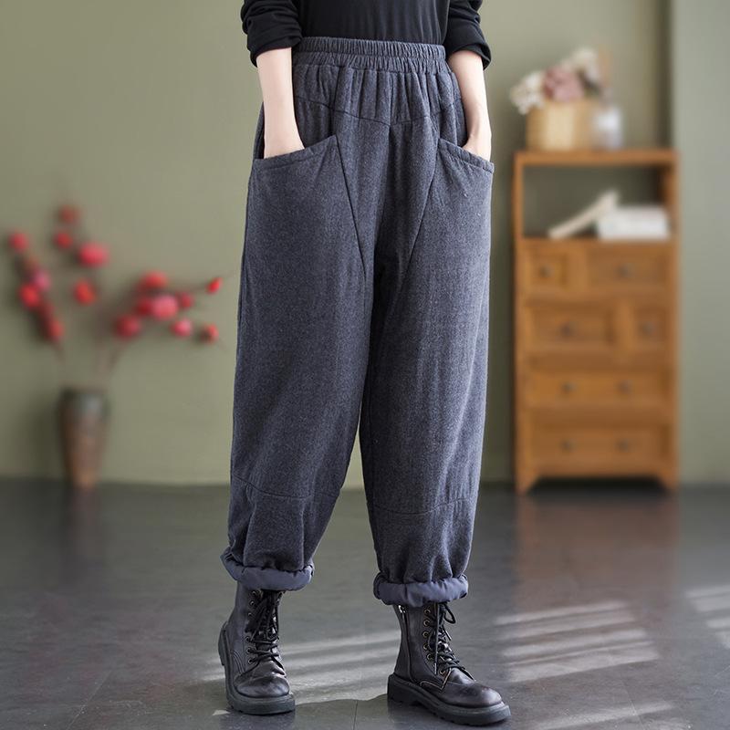 パンツ レディース 大きいサイズ ぽっちゃりさん 秋冬 ゆったり ルーズ 細見え 着痩せ効果 厚手 中綿入り 防寒 レトロ カジュアル 綿混素材 コットンブレンド サルエルパンツ ハーレムパンツ テーパードパンツ バルーンパンツ ダークグレー ネイビー