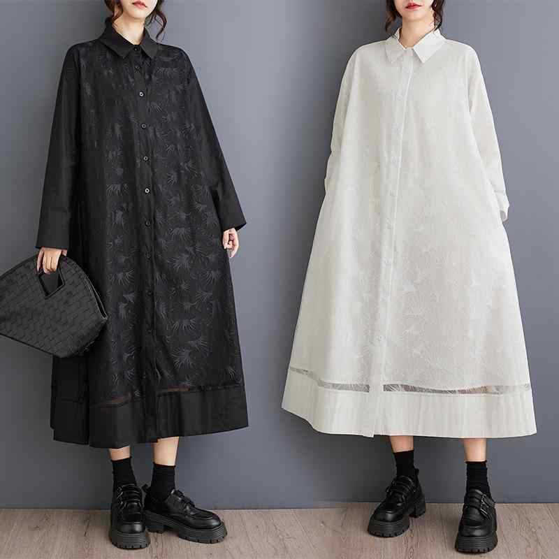 ワンピース レディース 秋冬 韓国風 ゆったり 大きいサイズ メッシュ 切り替え ロング丈 レトロ 長袖 シャツ襟 プリーツ リネン エレガント 上品 通勤 オフィス 白 黒 6,466円