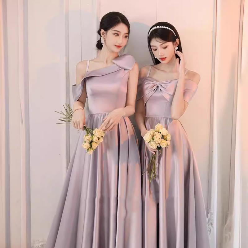 ドレス ワンピース レディース 低身長向け ブライズメイド フォーマル サテン Aライン ロング丈 ハイウエスト 三分袖 上品 エレガント 普段使い デイリーユース グレーパープル