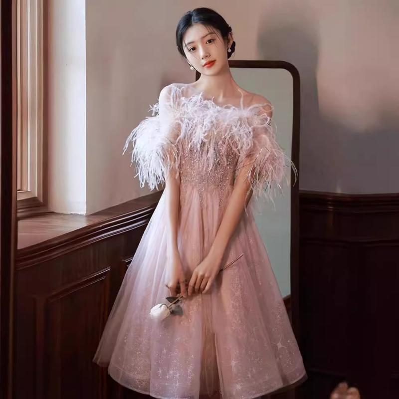 ロングドレス レディース ピンク 羽飾り フェザー イブニングドレス Aライン ノースリーブ 結婚式 二次会 お呼ばれ 披露宴 婚約 ブライズメイド 新婦 司会 発表会 演奏会 誕生日 フォーマル