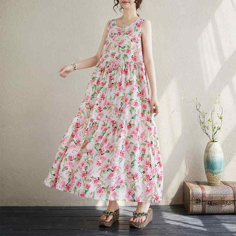 ワンピース レディース 大きいサイズ ミセス 春夏 ラウンドネック ノースリーブ ゆったり Aライン ロング丈 コットン 花柄 ピンク レトロ カジュアル 普段使い 体型カバー