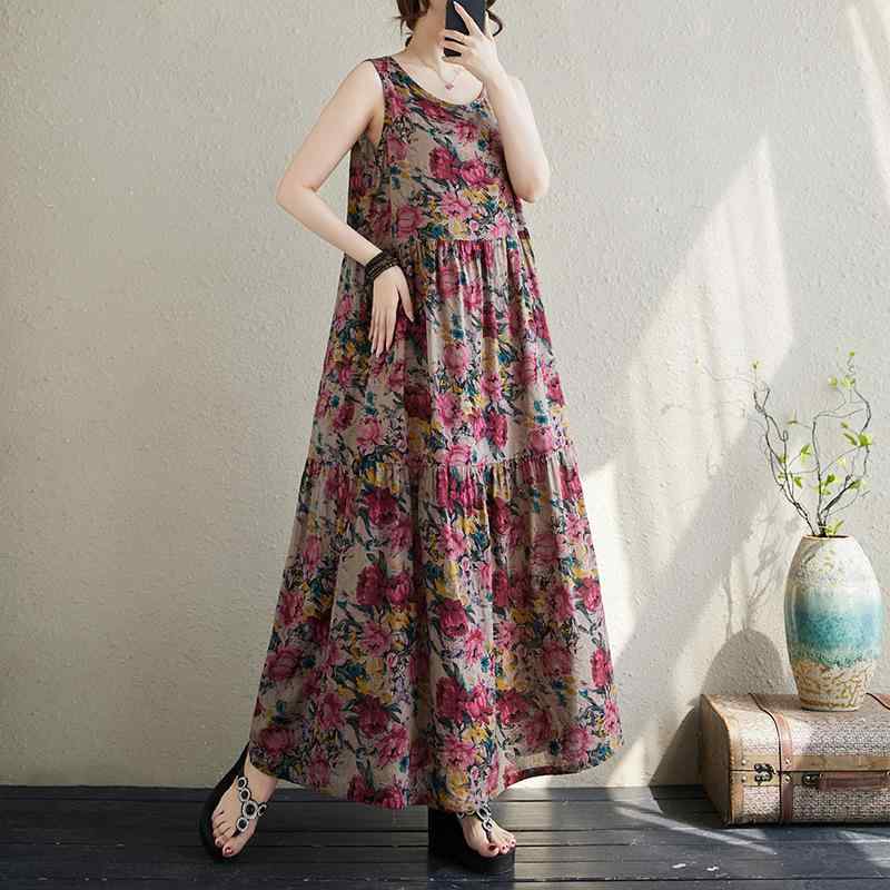 ワンピース レディース レトロ ヴィンテージ風 小花柄 ノースリーブ ゆったり Aライン ミモレ丈 コットン ラウンドネック 春夏 大きいサイズ 普段着 カジュアル
