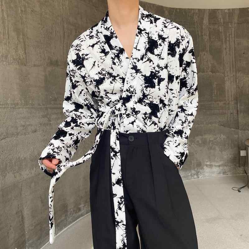 シャツ メンズ 男性用 提花織り テクスチャー Vネック カラーレス 偏襟 紐付き 長袖 ゆったり リラックス 薄手 羽織り チャイナ風 ポリエステル 春 秋 カジュアル