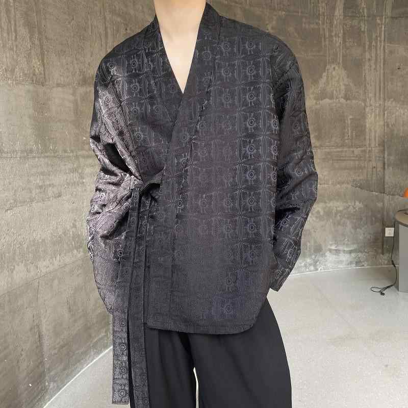 シャツ メンズ 新中国風 ネオチャイナ 刺繍 ジャカード織り 斜め合わせ 立襟 紐タイ 長袖 ゆったり ルーズフィット カジュアル 普段使い ポリエステル 春秋 黒 ベージュ