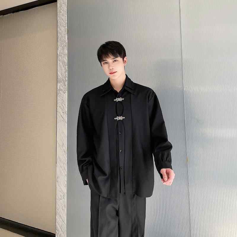 シャツ メンズ 新中式 唐装 漢服 メタルチャイナボタン 立ち襟 重ね着風 フェイクレイヤード ルーズフィット 長袖 ポリエステル 化繊混紡 春秋 カジュアル 普段使い 黒