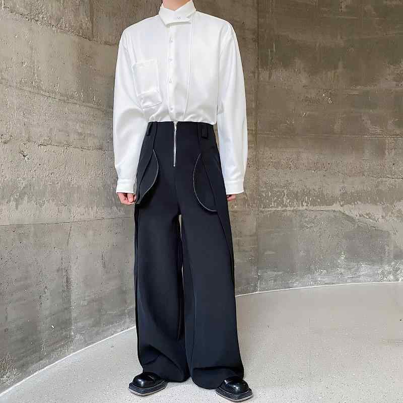 パンツ メンズ 男性用 デザイナーズスタイル プリーツ ハイウエスト ワイドパンツ 裏使い パッチポケット ゆったり ルーズ ストレート フルレングス ロング丈 春秋 ポリエステル ステージ衣装 ダンス 発表会 イベント フォーマル 黒 ブラック