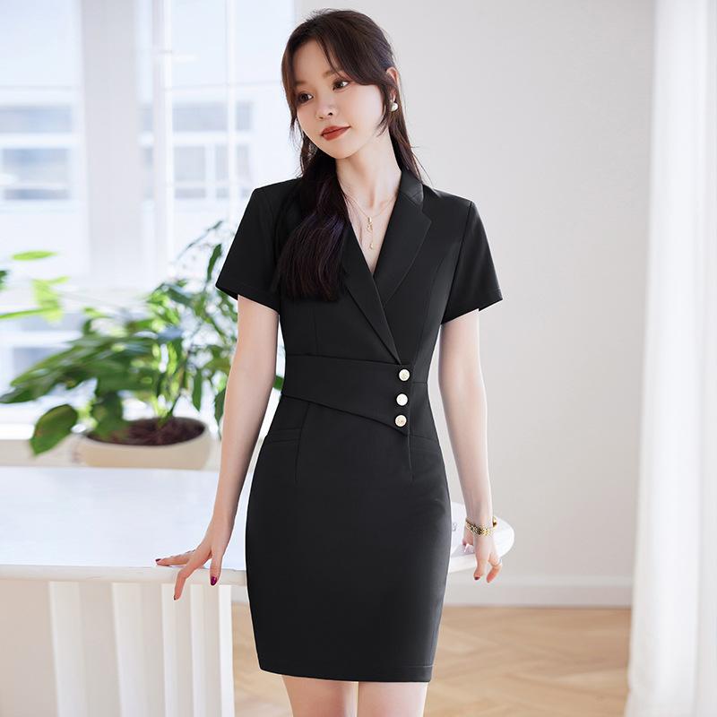 ワンピース レディース 女性用 春夏 オフィス 通勤 仕事用 制服 ユニフォーム 美容院 受付 カスタマーサービス Vネック 半袖 ミディ丈 エレガント 上品 ポリエステル 伸縮性 6,284円