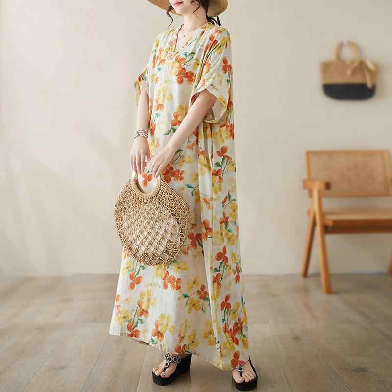 ワンピース レディース Vネック 薄手 ゆったり 大きめサイズ 体型カバー ロング丈 レトロ リゾートスタイル 花柄 コットンリネン Aライン 普段使い お出かけ 上品 エレガント 春夏