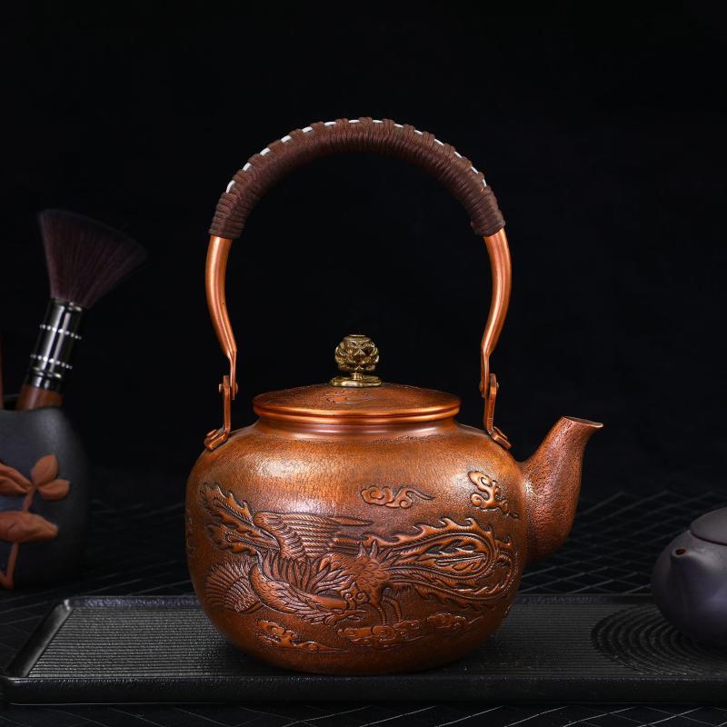 茶器 紫銅製 銅製 中国風 レトロ アンティーク調 身寄り用 執務室用 手提げ 湯わかし 湯わかし 温水器 手打ち製作 御手々御手伝いさん 龍鳳柄 四季花柄 鯉柄