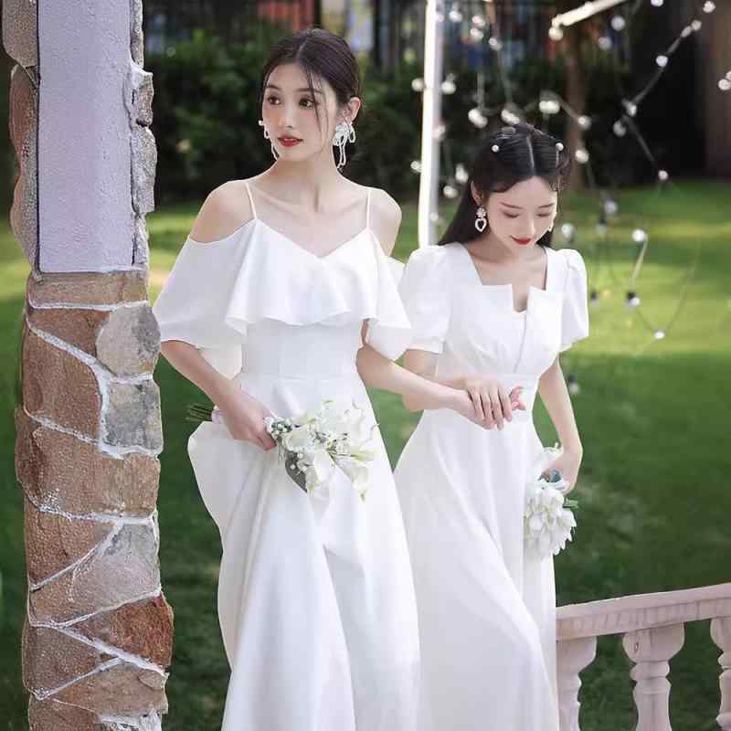 ドレス レディース ホワイト サテン ストレッチ ブライズメイド 介添人 結婚式 二次会 パーティー 普段使い Aライン オフショルダー ロング マキシ丈 エレガント 上品 優雅 低身長 春夏