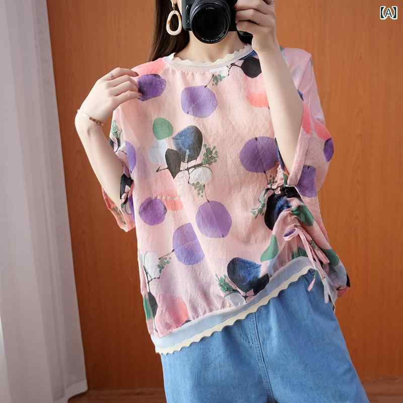 Tシャツ レディース レトロカジュアル ゆったり 大きいサイズ プルオーバー ドローストリング ドット柄 UVカット 夏 ラウンドネック 7分袖 綿混素材 体型カバー 普段使い