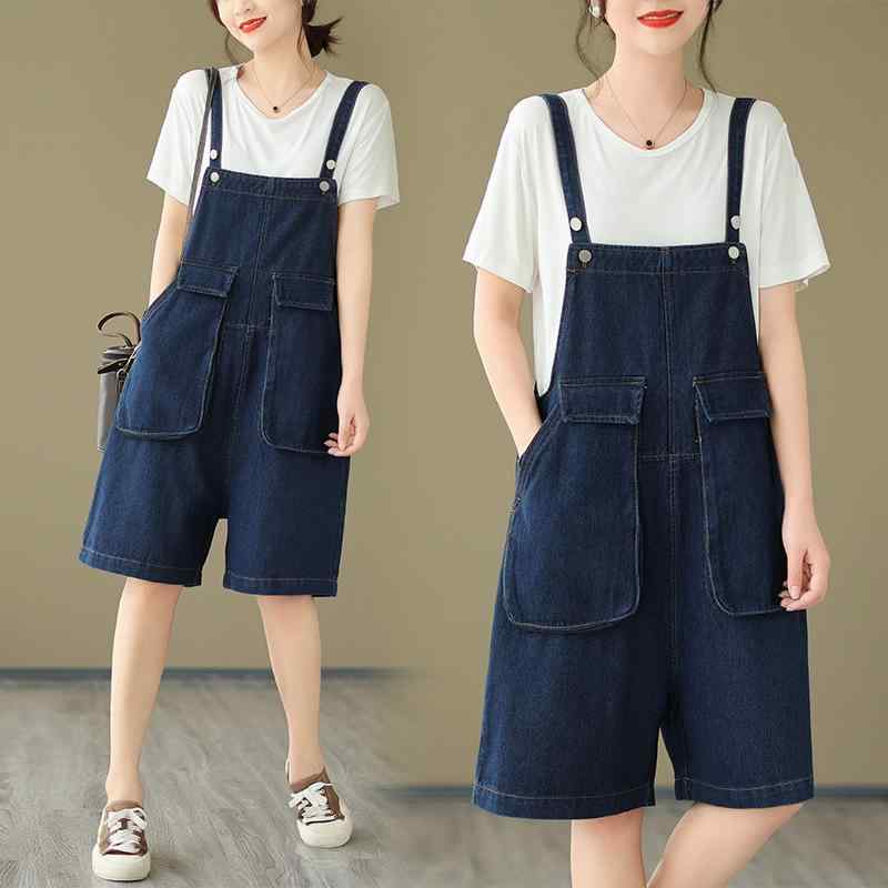 サロペット レディース デニム 春夏 普段使い ゆったり 大きいサイズ 体型カバー 細見え ヴィンテージ風 レトロ ハイウエスト 薄手 ワイドシルエット ハーフ丈