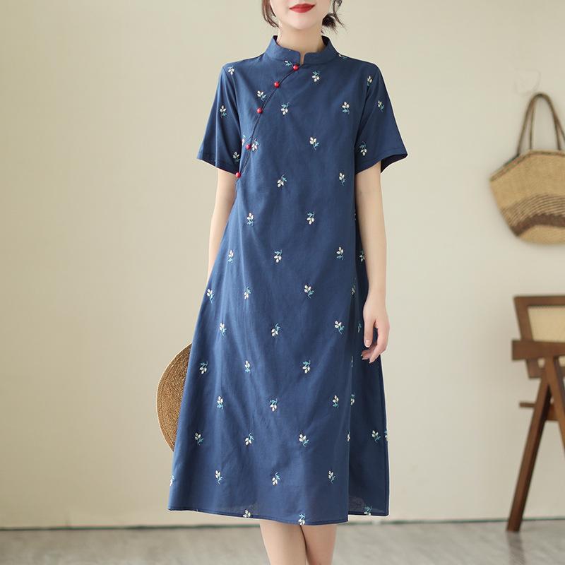 ワンピース レディース 改良 スタンドカラー 刺・墸 ゆったり チャイナドレス 新チャイナ風 レトロ 文芸風 コットンリネン 半袖 切り替え ミドル丈 Aライン ネイビー 花柄 春夏