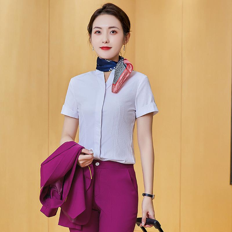 ブラウス レディース 半袖 Vネック オフィス ビジネス 制服 白 ホワイト スタイルアップ 細見え きれいめ 上品 フォーマル 通勤 接客 受付 事務服 ポリエステル 綿 混紡