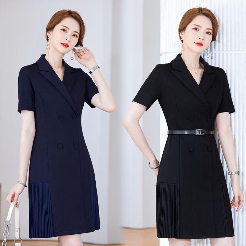 ワンピース レディース 夏 ブラック 高級感 ドレス ビジネス オフィス 事務服 受付 制服 ユニフォーム 美容院 宝石店 接客業 エレガント ミディ丈 ハイウエスト