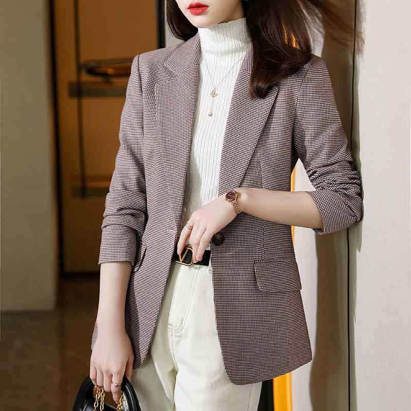 テーラードジャケット レディース 秋冬 千鳥格子 長袖 スリムフィット 1つボタン テーラードカラー レギュラー丈 通勤 オフィス きれいめ 韓国ファッション ポリエステル 切り替え グレー アプリコット