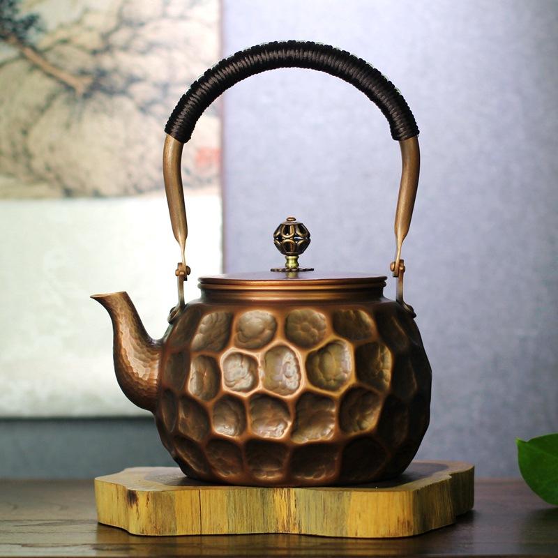 茶壺 純銅製 赤銅 手作り ハンドメイド 和風 鎚目模様 湯沸かし ケトル 急須 煮出し 中国茶 功夫茶道 茶道具 健康 おしゃれ アンティーク調|あじゅり