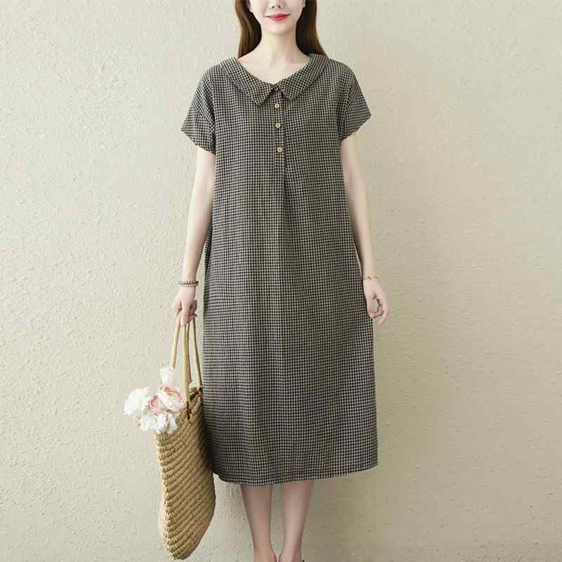 ワンピース レディース ゆったり レトロ ビッグシルエット 綿麻 半袖 細格子 チェック柄 通気性 涼しい 大きいサイズ 春夏 カジュアル 普段使い 黒 赤