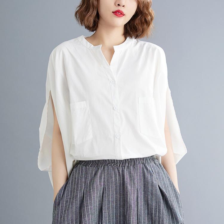 シャツ レディース 春夏 Vネック ゆったり 大きいサイズ 綿麻 体型カバー 着痩せ 白 ホワイト 長袖 ブラウス カジュアル レトロ