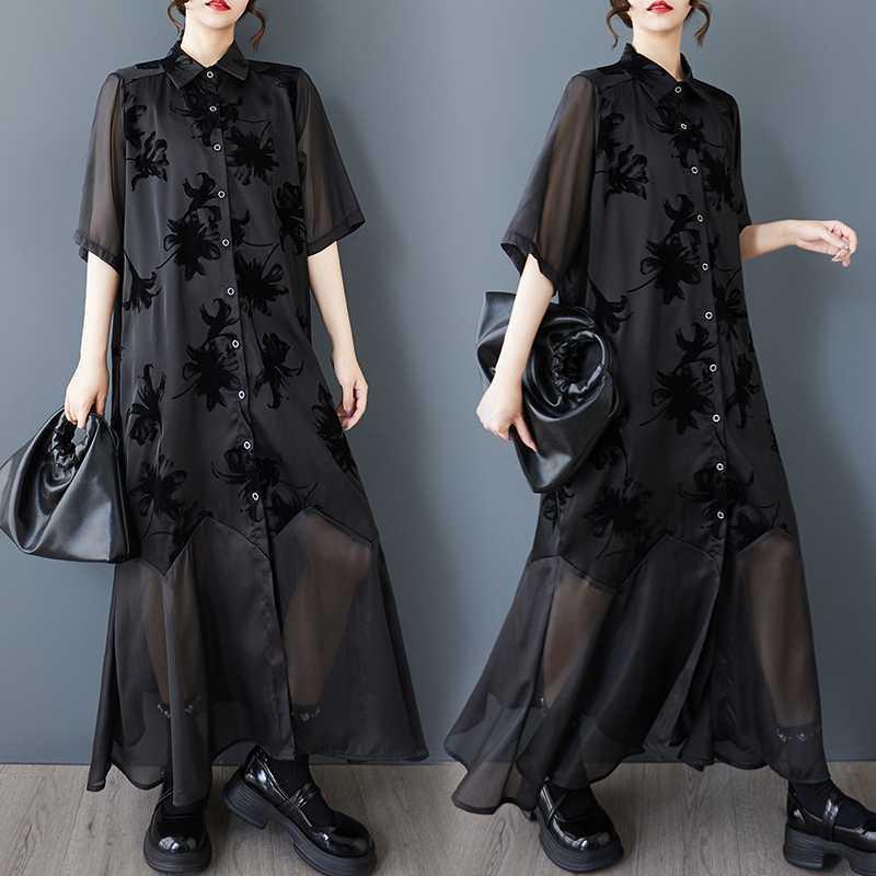 ワンピース レディース 春夏 ゆったり 大きいサイズ 体型カバー レトロ フロッキー加工 切り替え ロング丈 POLO襟 五分袖 フレア 綿混 ポリエステル カジュアル ブラック