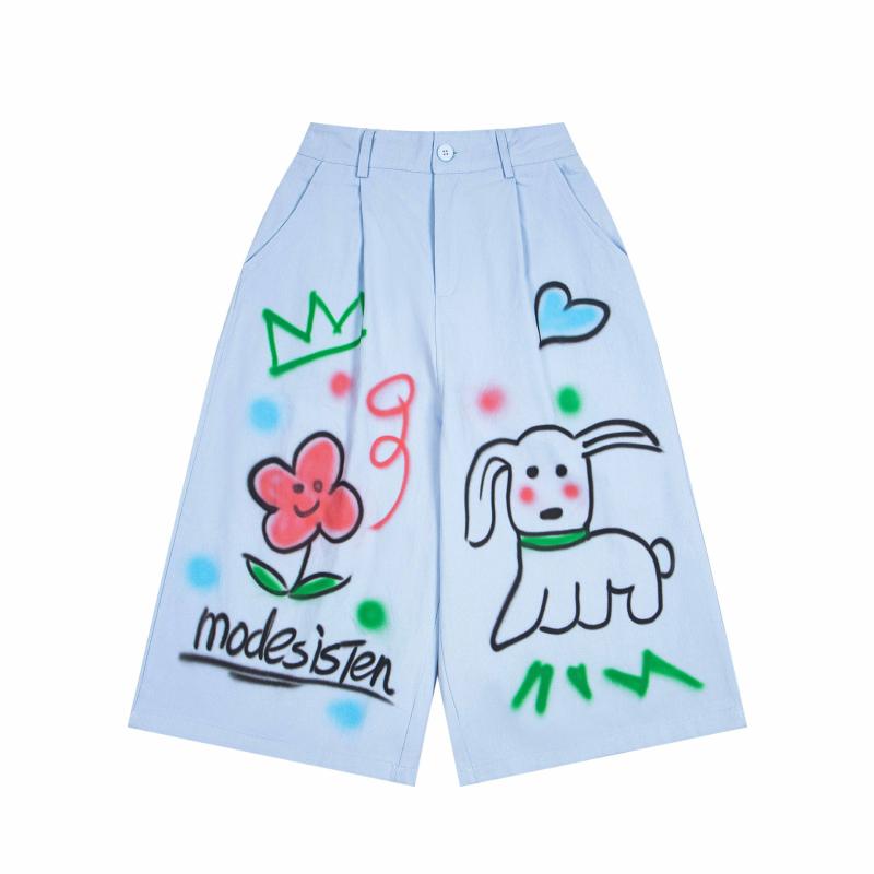 ショートパンツ 男女兼用 ユニセックス アメリカンレトロ アメカジ ドッグプリント 子犬柄 カジュアル ゆったり ルーズフィット 七分丈 綿 コットン ブルー ペアルック カップル 夏