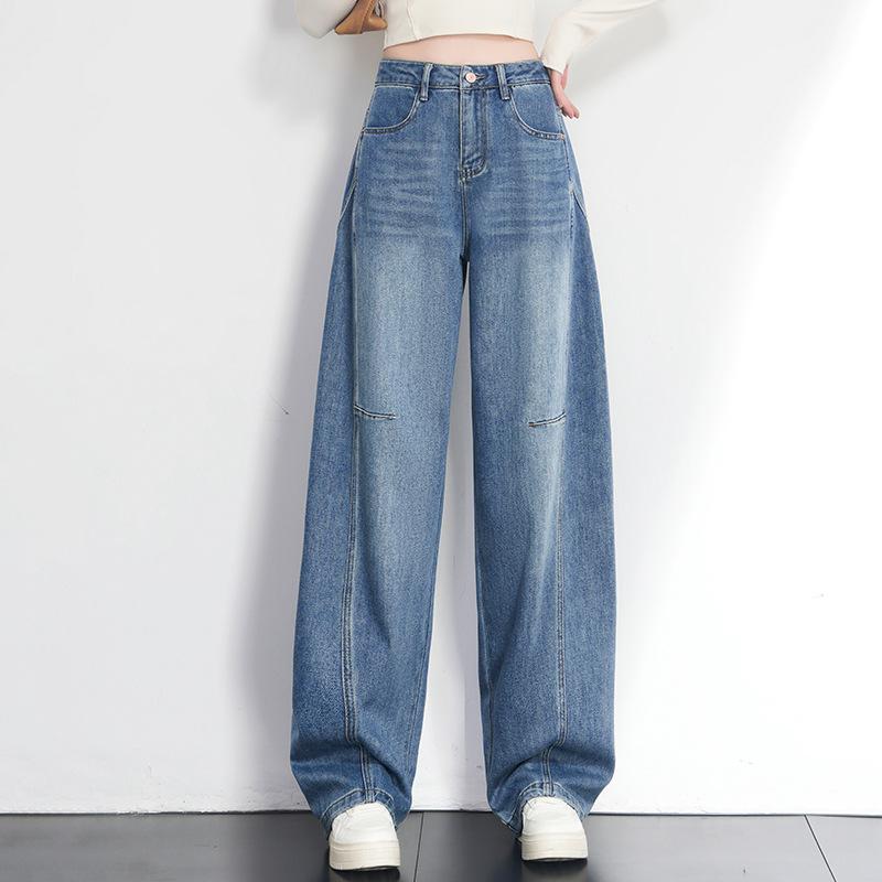 パンツ レディース 女性用 ブルー デニム ハーレム サルエル ハイウエスト ワイドカーブ ルーズフィット スタイルアップ 伸縮性 ポリエステル カジュアル 通勤 普段使い ロング丈