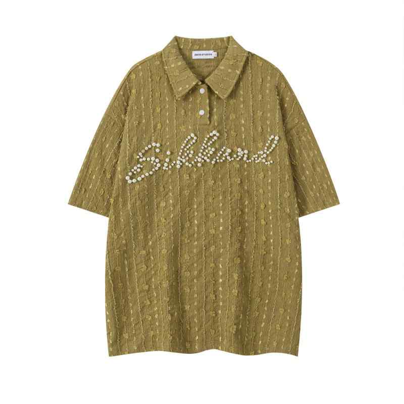 Tシャツ メンズ 男性用 半袖 襟付き ポロシャツ風 スタッズ装飾 ビッグシルエット 個性的 アメカジ ストリート カジュアル カップル トップス ポリエステル 夏 グリーン