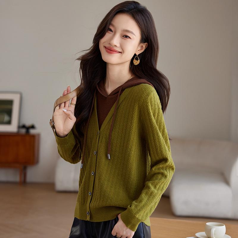ニットトップス レディース 女性用 フード付き 長袖 切り替え 配色 ゆったり ルーズ プルオーバー カジュアル フレンチスタイル リラックス 秋冬 ドロップショルダー キャメル グレー カーキグリーン 4,851円