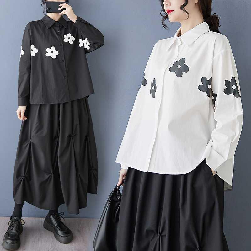シャツ レディース 春夏 韓国ファッション ゆったりサイズ 長袖 花柄 プリント ポロ襟 ブラウス トップス 綿 コットン ポリエステル 体型カバー カジュアル 普段使い レトロ ホワイト ブラック