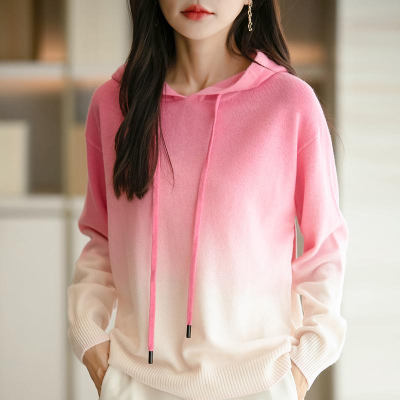 セーター レディース 女性用 グラデーションカラー フーディー ゆったり ルーズシルエット プルオーバー 長袖 ショート丈 韓国ファッション 秋冬 日韓カジュアル 再生繊維 ミドルゲージ