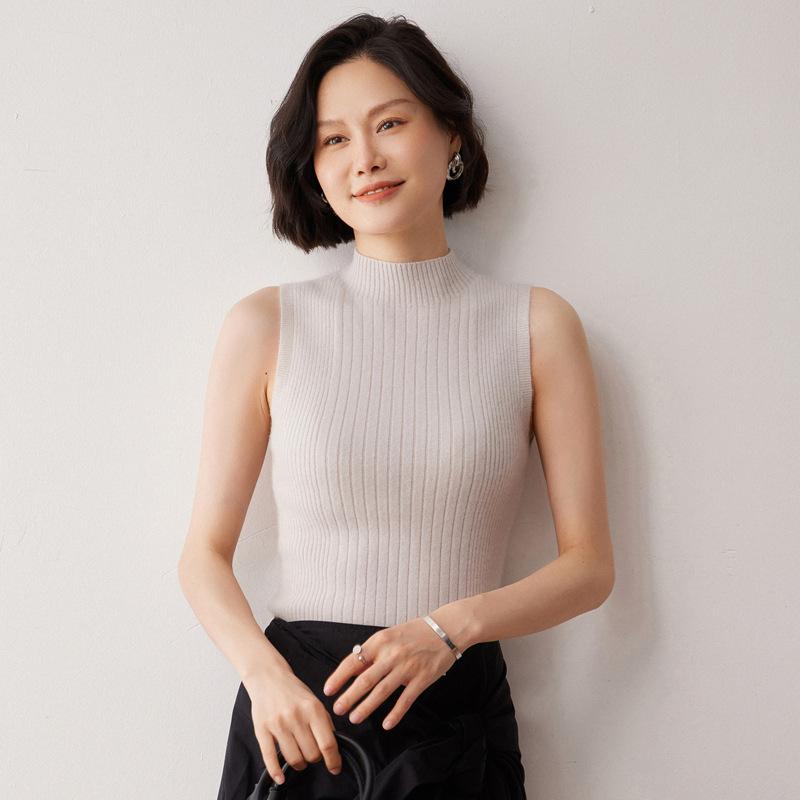 ニット レディース 秋冬 カシミヤ ノースリーブ ハイネック リブ インナー カジュアル プルオーバー 薄手 スリムフィット 無地 セーター 多色展開