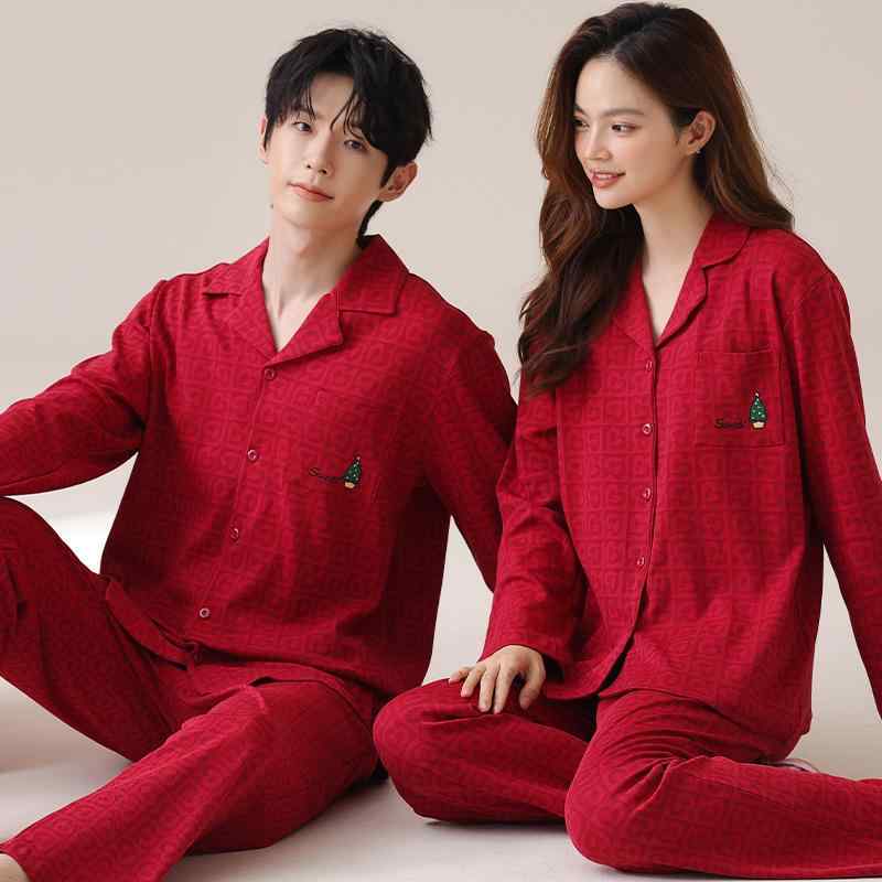 パジャマ カップル ペア メンズ レディース 男女兼用 純綿 コットン 綿 長袖 長ズボン 春秋 秋冬 新婚 結婚祝い お祝い 縁起物 高級感 通気性 伸縮性 保温性 部屋着 ルームウェア レッド