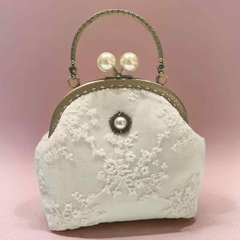がま口バッグ レディース 手縫い レース 刺繍 花柄 新中華風 レトロ ミニ ハンドバッグ ショルダーバッグ シェル型 織物素材 内ポケット付き 普段使い デイリーユース 秋冬
