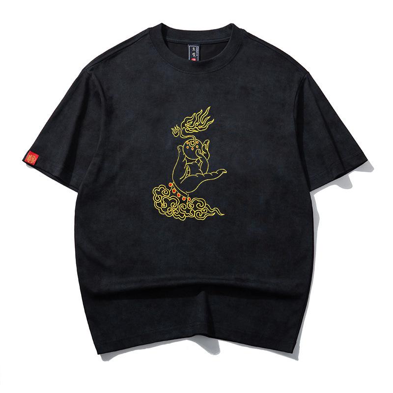 Tシャツ 男女兼用 メンズ 宝珠仏手モチーフ 凝った刺繍 クルーネック 半袖 ゆったり ルーズフィット コットン 綿混 しわになりにくい 黒 ブラック トレンド ストリート カジュアル 春夏 トップス ペアルック