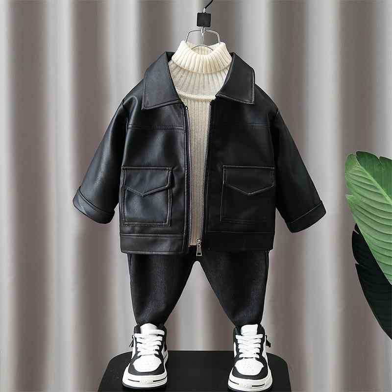 アウター 男の子 キッズ 子供 中小童 革ジャン レザージャケット ライダース風 襟付き PUレザー 柔らかい ファスナー開閉 ショート丈 ブラック 韓国風 春秋 おしゃれ