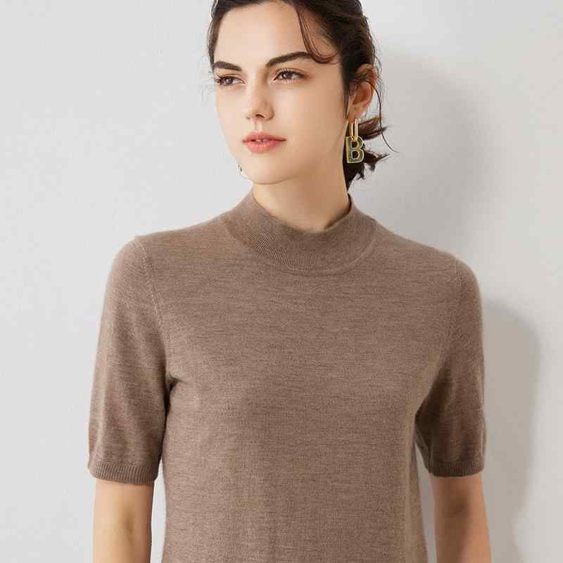 ニット レディース カシミヤ 春秋冬 ハイネック ボトルネック 半袖 ショートスリーブ プルオーバー セーター 無地 ゆったり トップス ミドルゲージ フェミニン きれいめ 上品 カジュアル パープル グレー ブラック