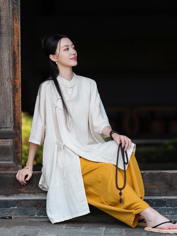 作務衣 レディース オリジナル 中華風 テンセル麻 薄手 軽量 ゆったり 禅服 瞑想着 修行着 座禅 リラックスウェア ルームウェア 春夏 ホワイト ベージュ イエロー