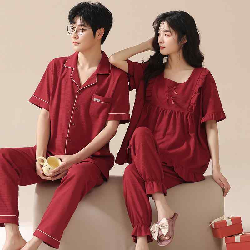 パジャマ メンズ レディース ペア 高級感 抗菌 綿 コットン 春夏 レッド 半袖 ラウンドネック ロングパンツ 快適 通気性 伸縮性 ルームウェア 部屋着 普段使い 結婚祝い