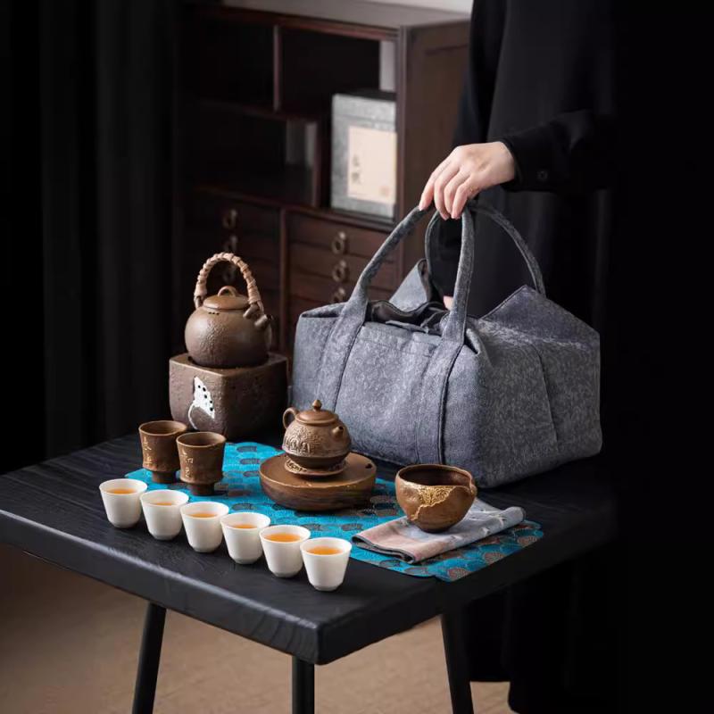 収納バッグ 茶道具 茶器 大容量 携帯用 ポータブル 布製 ファブリック 大型 手提げ アウトドア 旅行用 自宅用 和風 和モダン 紺 カーキ トラベルポーチ