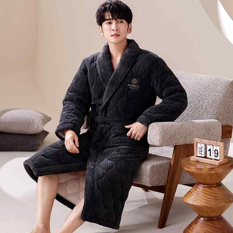 ルームウェア メンズ 男性用 冬 3層 厚手 中綿入り サンゴフリース コットン 保温 暖かい 快適 パジャマ 寝巻き 部屋着 バスローブ ガウン ナイトウェア