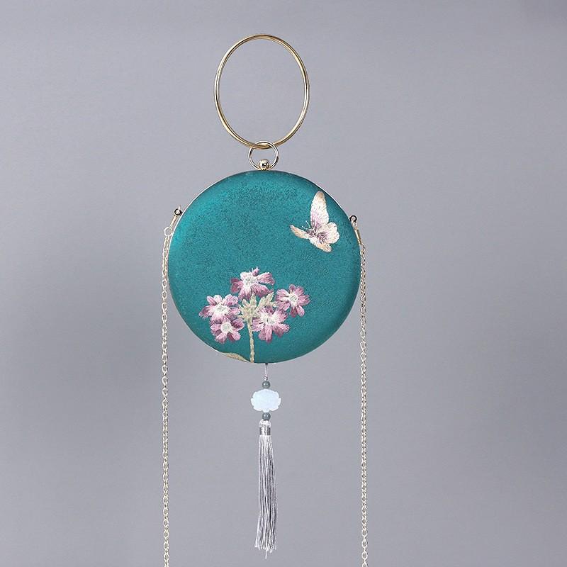 バッグ レディース チャイナ風 がま口 ミニバッグ 円形 ネイビー 蝶々 花柄 刺繍 レトロ エレガント 綿麻 漢服 チャイナドレス 和装 普段使い フォーマル お出かけ