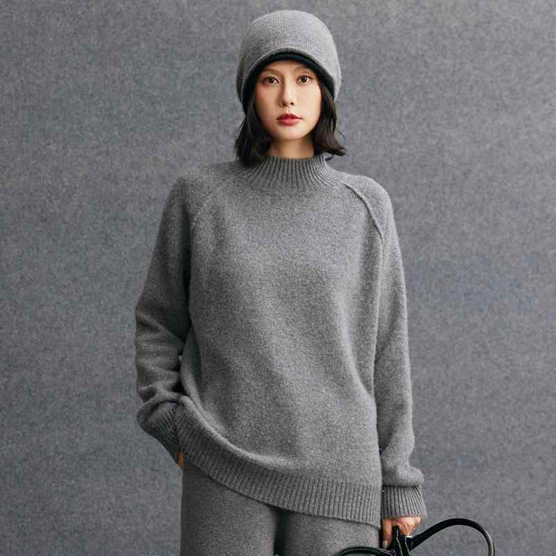 ニット レディース 秋冬 カシミヤ混 ショート丈 ゆったり ラグランスリーブ ハイネック プルオーバー 長袖 無地 シンプル カジュアル 中厚手 フリーサイズ セーター|あじゅり