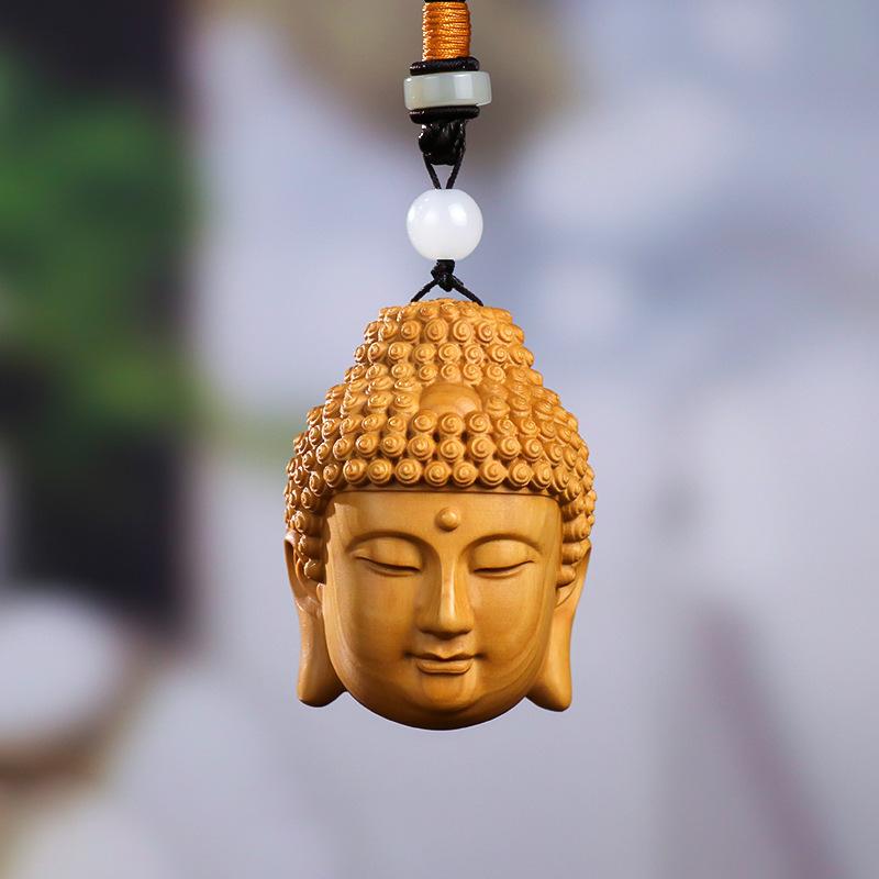 仏像 釈迦如来 仏頭 黄楊木彫り 中華風 手持ち 携帯用 鑑賞 置物 工芸品 ペンダント チャーム お守り 縁起物